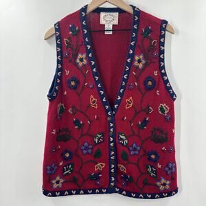 Vintage Erika Floral Embroidered Knit Sweater Vest‎ in Red Navy Size Medium